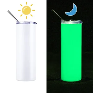 Botella fotoluminiscente blanca (brilla verde en la oscuridad) con pajilla