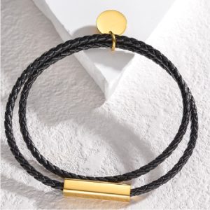 Pulsera con cordón PU negro dije dorado de acero inoxidable