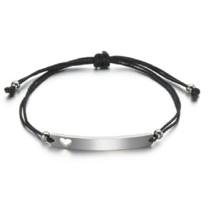 Pulsera con cordón negro placa plata con corazón de acero inoxidable