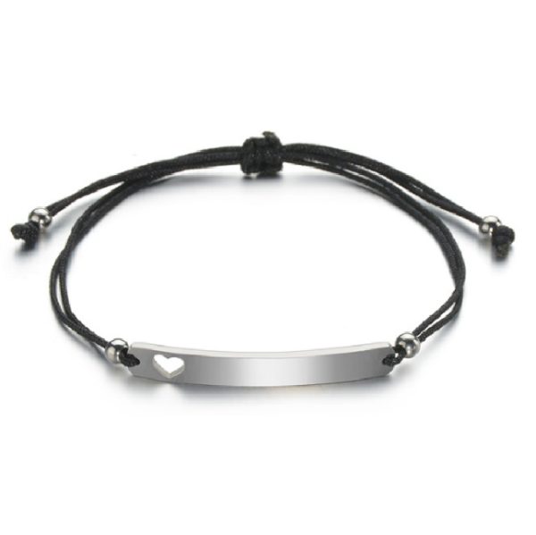 Pulsera con cordón negro placa plata con corazón de acero inoxidable