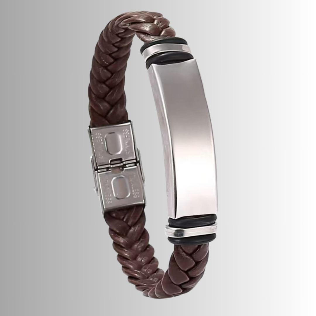 PULSERA DE ACERO CUERO TEJIDO CAFE GRAB LASER - 3517